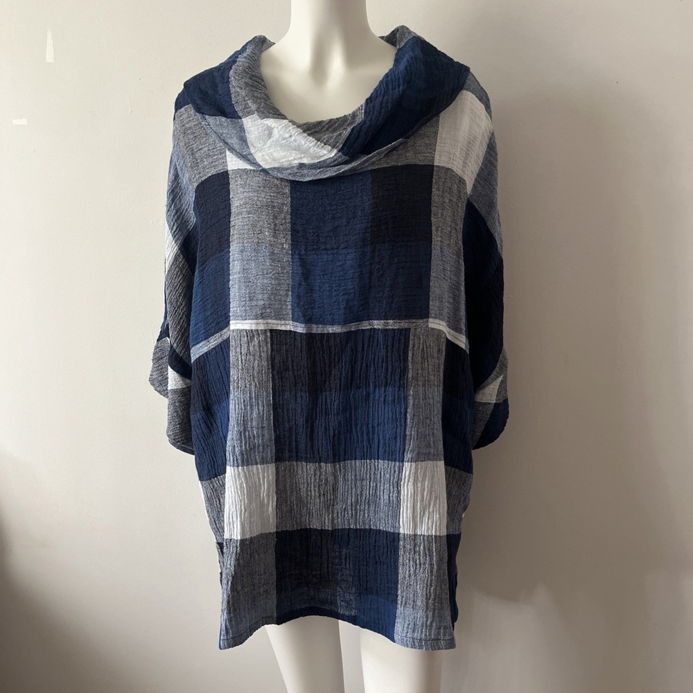 NWT IC Connie K Navy Blue Plaid LG Linen Tunic Poncho Lagenlook Oversized Boho